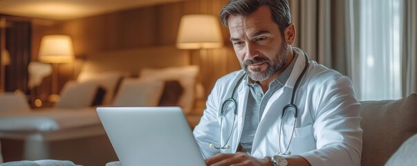 Doctor working on laptop in a hotel room.