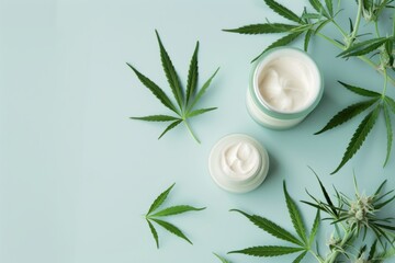 Natural beauty product setup with a cream jar and cannabis leaves on a soft blue surface