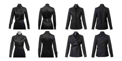 collection of black formal tops and jackets displayed from different angles, isolated on a transparent background, perfect for fashion, business attire, and retail projects.