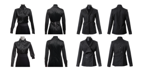 collection of black formal tops and jackets displayed from different angles, isolated on a transparent background, perfect for fashion, business attire, and retail projects.