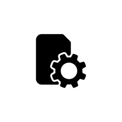 SIM card with a gear icon, representing mobile technology and settings. Black and white vector illustration.