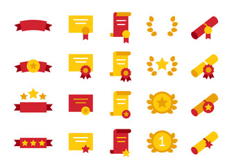 Winning icon set. Trophy cup, Medal, Winner prize icon, Certificate, diploma, award, wreath, first place, award ribbon. Trophy symbol. Victory logo. Golden and red color