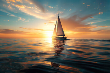a person sailing on a calm sea with a beautiful sunset for advertisement