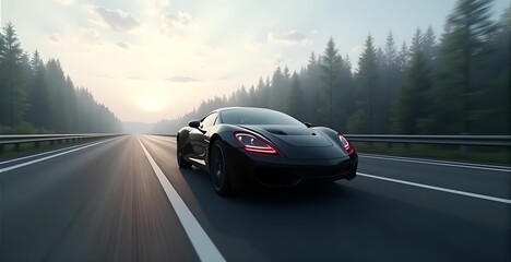 Fototapeta premium Sports car driving on road, mountains around, sunlight, day