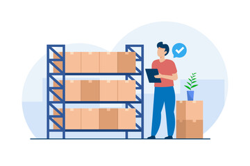 Warehouse Worker Checking Packages on Shelves. Efficient Inventory Management. Vector Illustration