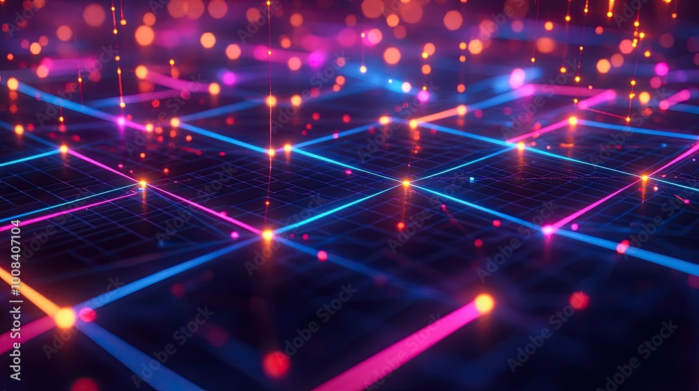 Poster 3d rendering of abstract neon grids and glowing nodes, symbolizing advanced technology and digital i