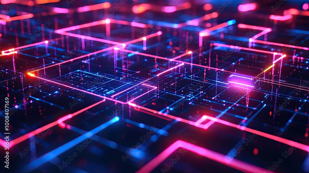 Poster 3d rendering of abstract neon grids and glowing nodes, symbolizing advanced technology and digital i