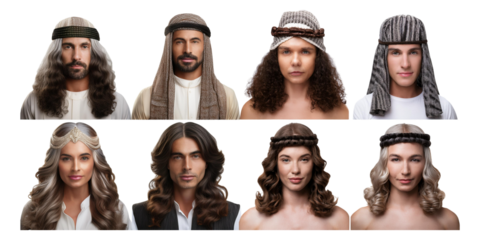 collection of people wearing historical headwear and hairstyles, isolated on a transparent background, suitable for historical, costume, or cultural projects.