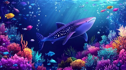 Fototapeta premium A whale shark swims through a vibrant coral reef, surrounded by colorful fish and bubbles, with sunbeams illuminating the scene.