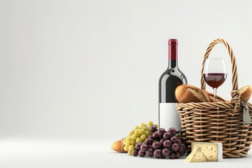 Obraz premium Picnic basket filled with wine bread cheese and fruit on white background