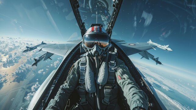 Jet fighter pilot in cockpit view with wingman support