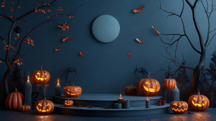 Halloween Night Podium with Pumpkins, Candles, and Bats