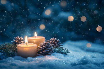 candles on snow and bokeh Christmas background. Generative Ai.