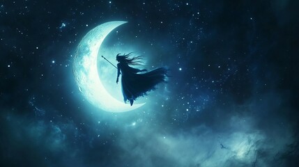 Fototapeta premium A woman in a flowing robe stands on a crescent moon, silhouetted against a starry sky.