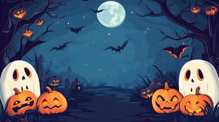 Spooky Halloween Night with Pumpkins Ghosts and Bats in Cartoon Style