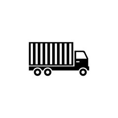 Minimalist black vector icon of a cargo truck with container, side view, representing freight transportation and logistics.