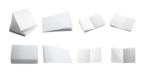 Various stacks and folds of blank paper sheets in different arrangements, isolated on a transparent background for use in designs.