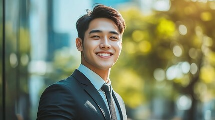 Fototapeta premium Beaming young Asian businessman shaking hands with colleague, partner or client outdoors