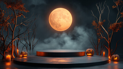 Halloween Night Podium with Full Moon, Pumpkins, and Candles