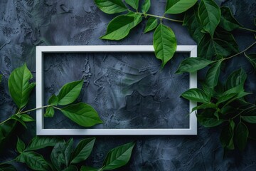 Modern tropical leaves and empty frame composition with dark textured background for nature-inspired decor