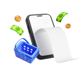 Smartphone with cash paper bill and shopping cart payment concept 3d illustration background