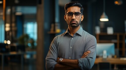 Fototapeta premium Young man with glasses and arms crossed, deep in thought, standing in a modern office environment.
