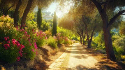 Fototapeta premium A winding path through a lush garden with vibrant flowers and sunlight streaming through the trees.