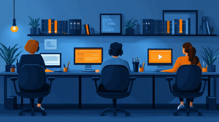 A virtual team works together on a website development project, utilizing video call software and remote collaboration tools. This digital workspace illustrates modern teamwork powered by AI generativ