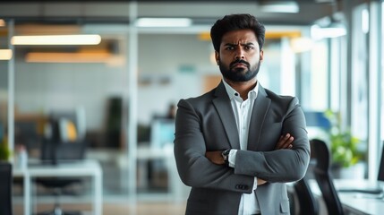 Fototapeta premium Confident businessman with crossed arms standing in modern office, showcasing leadership and professionalism in a workplace environment.