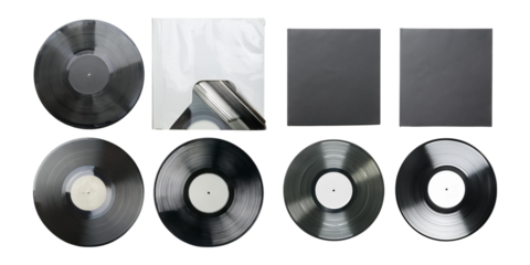 collection of vinyl records with their covers, isolated on a transparent background, showcasing different angles and designs.