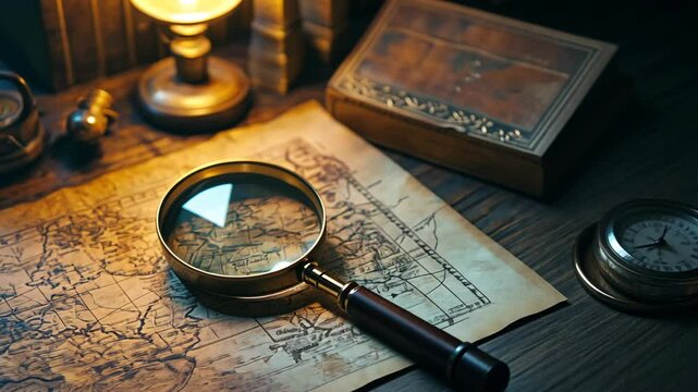 A magnifying glass lies on an old map, illuminating the details of a journey