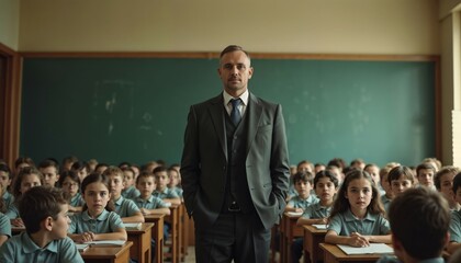 A man teacher standing confidently in front of a diverse group of kids, actively instructing them in a bright, lively classroom setting