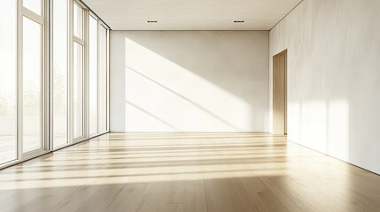 Fototapeta premium A bright, spacious room with a white concrete wall and light wooden floor, minimalistic and ready for mockup design or creative display, with natural light