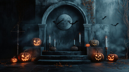Gothic Halloween Altar with Pumpkins and Bats