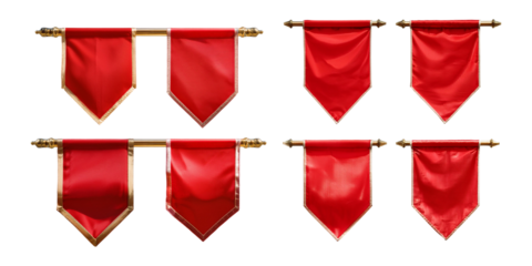 collection of red decorative banners with gold detailing, isolated on transparent background. Ideal for use in festive, ceremonial, or graphic design projects.