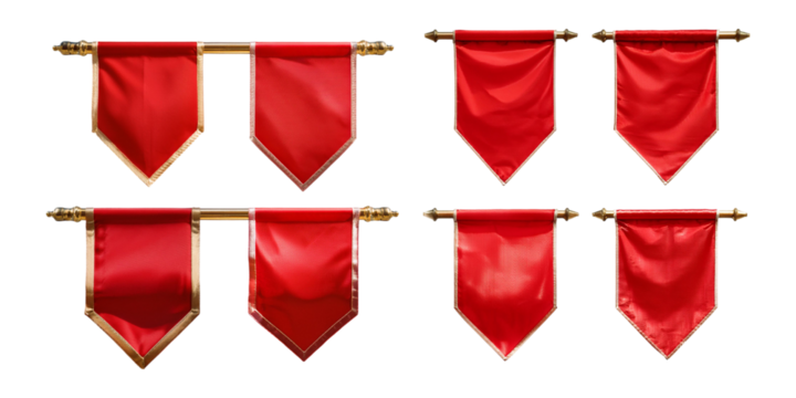 collection of red decorative banners with gold detailing, isolated on transparent background. Ideal for use in festive, ceremonial, or graphic design projects.