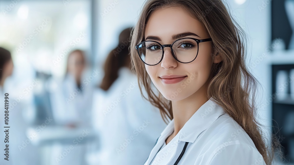 Wall mural young female doctor smiling in professional setting, wearing glasses and lab coat, representing heal