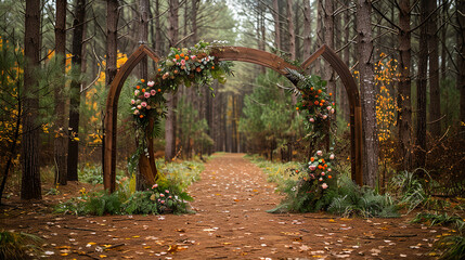 Wooden wedding arch decorated with flowers standing on a path in a forest