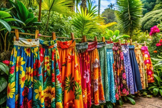 Colorful Hawaiian Skirts Displayed in a Tropical Setting Surrounded by Lush Greenery and Flowers