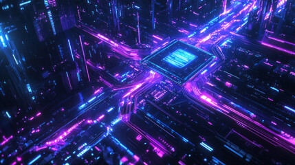 Obraz premium A hyper-realistic computer chip floating in dark space, surrounded by glowing blue and purple data streams. The scene showcases intricate wires and futuristic architecture designed with AI generative