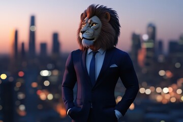 A lion wearing a suit faces the silhouette of a skyscraper in the city