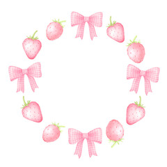Bows and strawberries. Round frame on white background. Cute watercolor botanical illustration