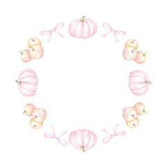 Pink pumpkins, bows, apples. Round frame on white background. Cute watercolor botanical illustration