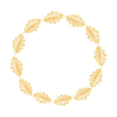 Watercolor oak leaves. Round frame on white background. Cute watercolor botanical illustration