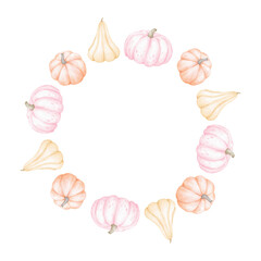 Watercolor cute pumpkins. Round frame on white background. Cute watercolor botanical illustration