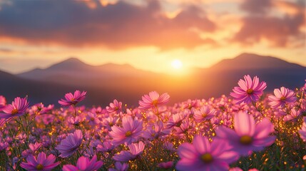 A colorful field of cosmos flowers at sunset, with mountain peaks in the distance and golden rays illuminating the blooms, creating a stunning natural scene.