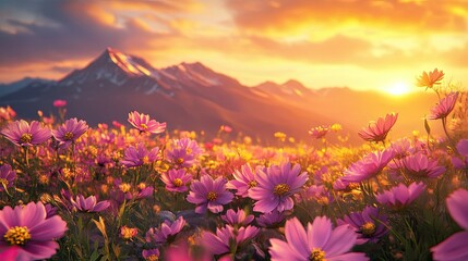 Obraz premium A colorful field of cosmos flowers at sunset, with mountain peaks in the distance and golden rays illuminating the blooms, creating a stunning natural scene.