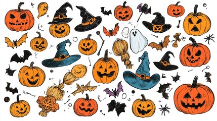 Collection of various images related to the Halloween festival, doodle style, suitable for making stickers. 