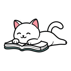 Cute cat resting on an open book illustration
