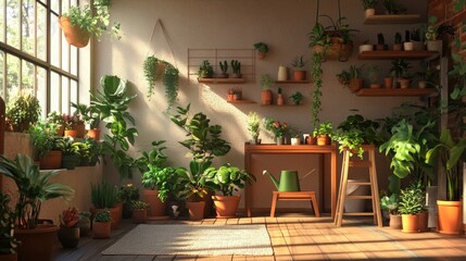 A cozy living room featuring indoor plants in an array of pots, with flower care tools and watering cans, emphasizing a passion for indoor gardening and household farming.